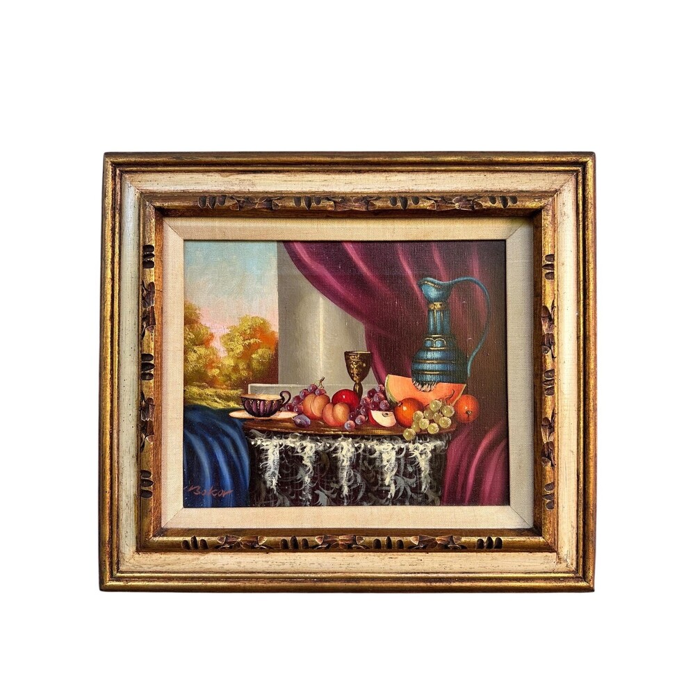 Mid-Century European School Still Life Fruit Blue Pitcher Painting Signed Bokor